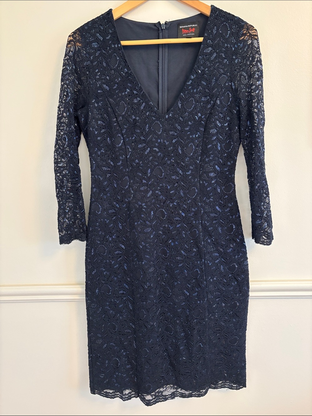 L'Wren Scott at Banana Republic Navy Lace V-Neck Sleeved Dress